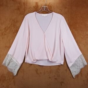 EIGHT SIXTY Top Womens Small Pink Pullover Surplice Wrap Whimsical Lace Trim